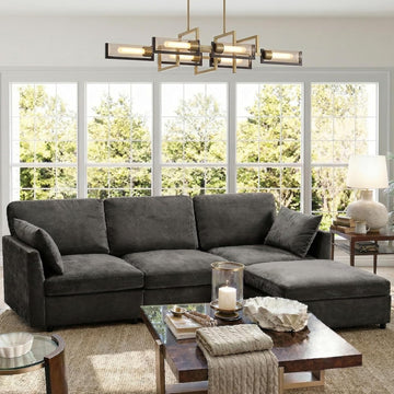 Sectional Couch , Comfy L Shaped Convertible Sofa, 4 Seater Modern Chenille Sofa with Ottoman,Black