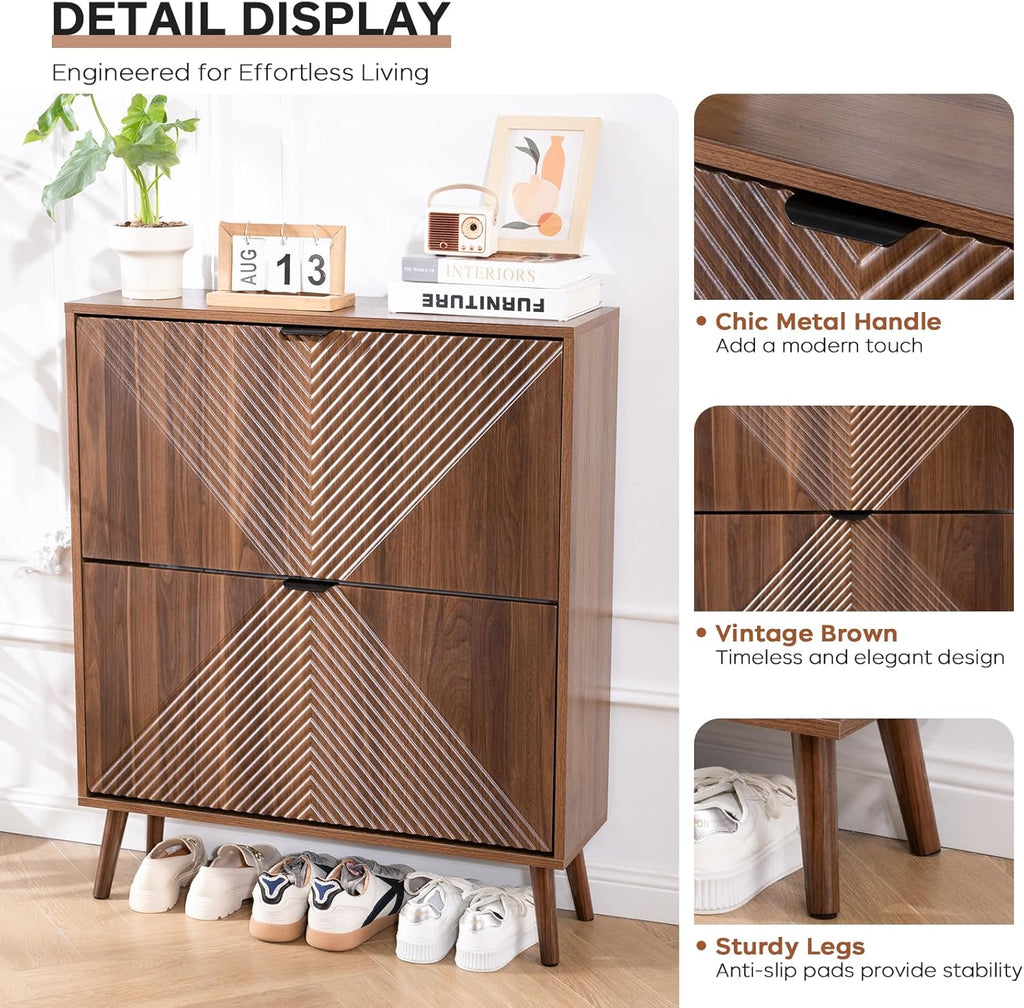 Shoe Cabinet Storage, Farmhouse Freestanding Organizer with 2 Flip Drawers and 4 Wooden feet, Narrow Shoe Rack
