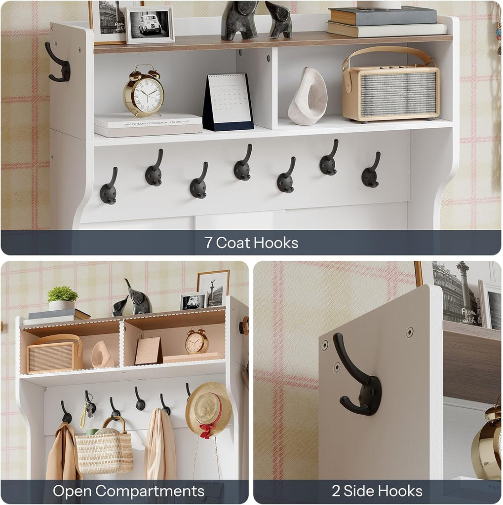 Hall Tree with Bench, 15.7''W Entryway Bench with Coat Rack, Shoe Cabinet with Flip Drawer, LED Hall Tree with 9