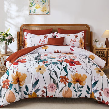 8Pieces King Comforter Set, Orange Watercolor Floral Queen Bed in a Bag Comforter Set with Pillowcase