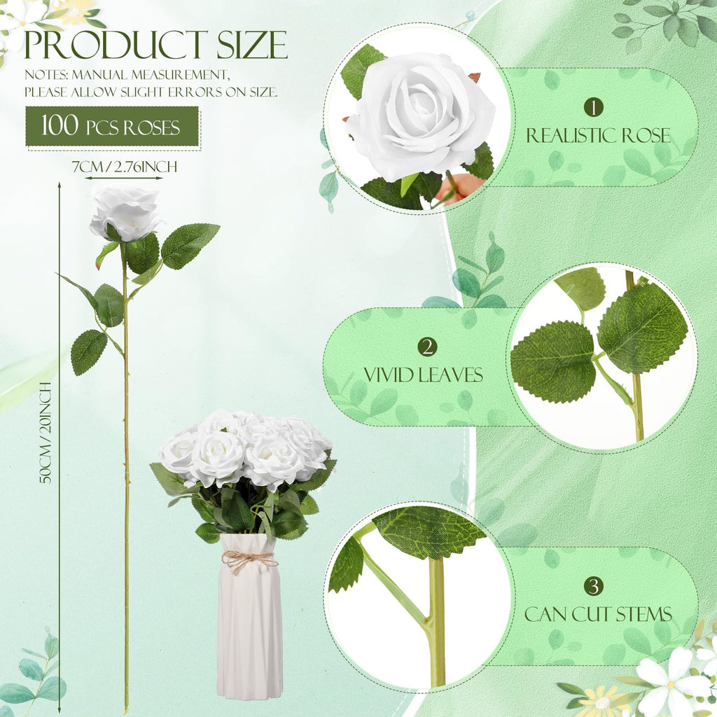100 Pcs Artificial Roses Flowers Bulk, Pure White