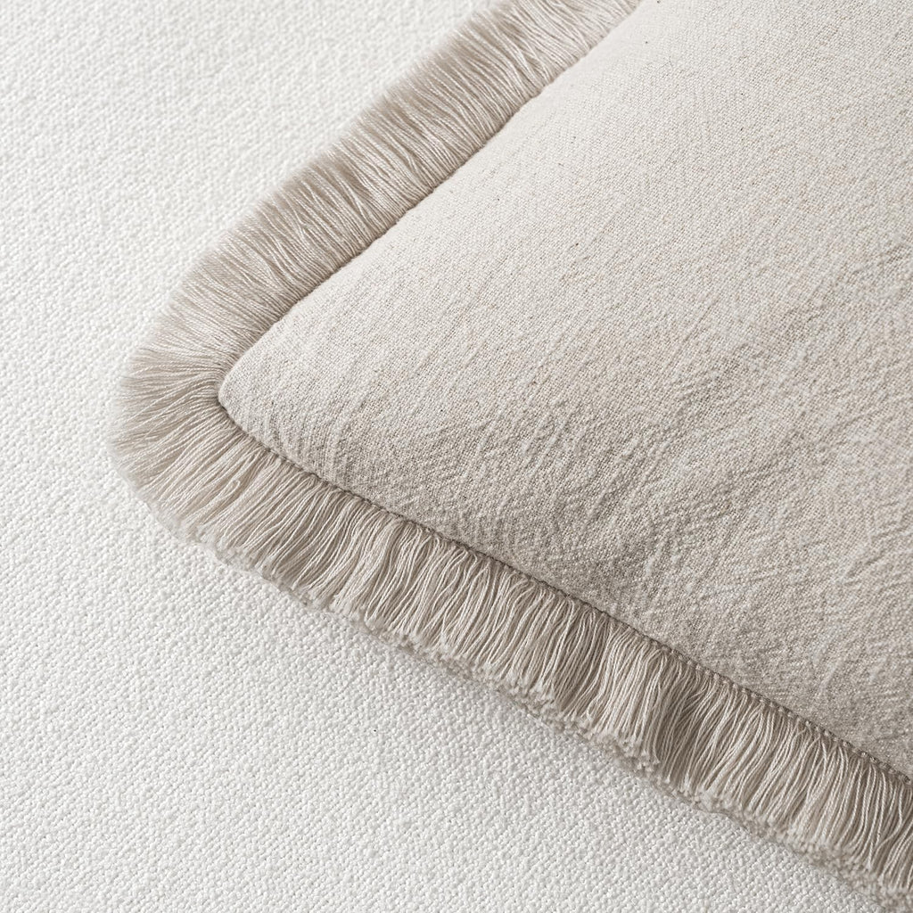 Decorative Throw Pillow Covers Neutral Linen Fringe Throw Pillows Set of 2 Natural Beige Boho Farmhouse Cushion Cases