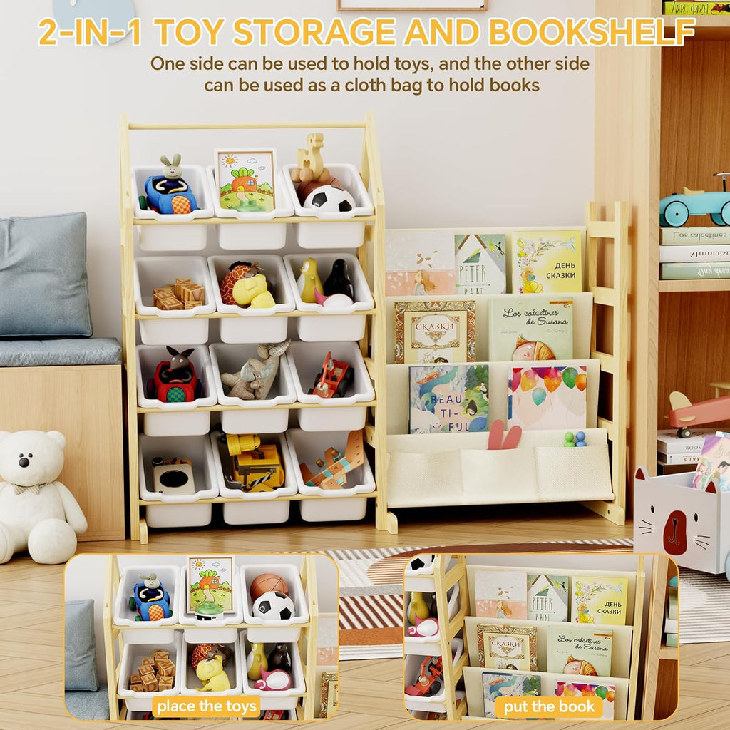 Wooden Toy Storage Organizer Kids Bookshelf, with 12 Toy Organizer Bins, Child Book Shelf for Kids Rooms, Nursery