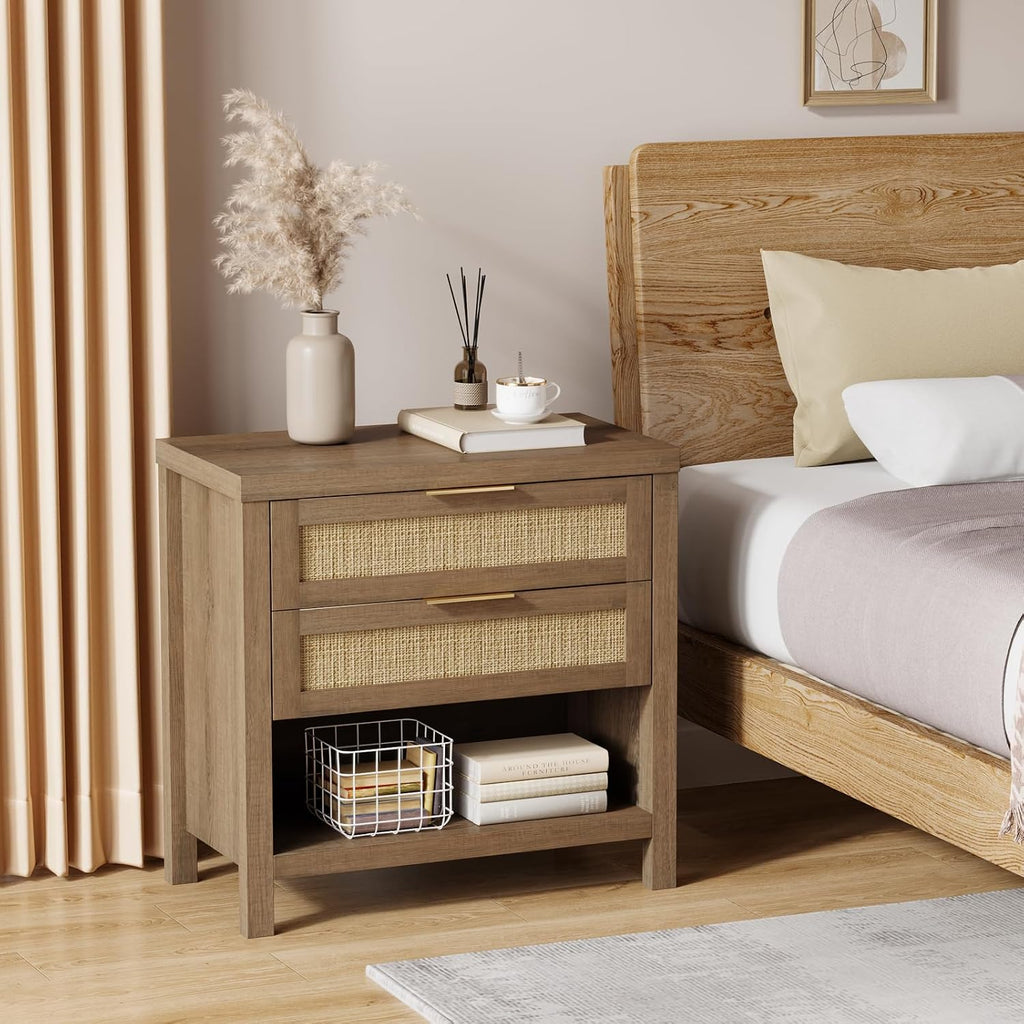 Rattan Nightstands Set of 2, Farmhouse Bedside Table with 2 Drawers and Storage Shelf, Rattan Boho Accent Night