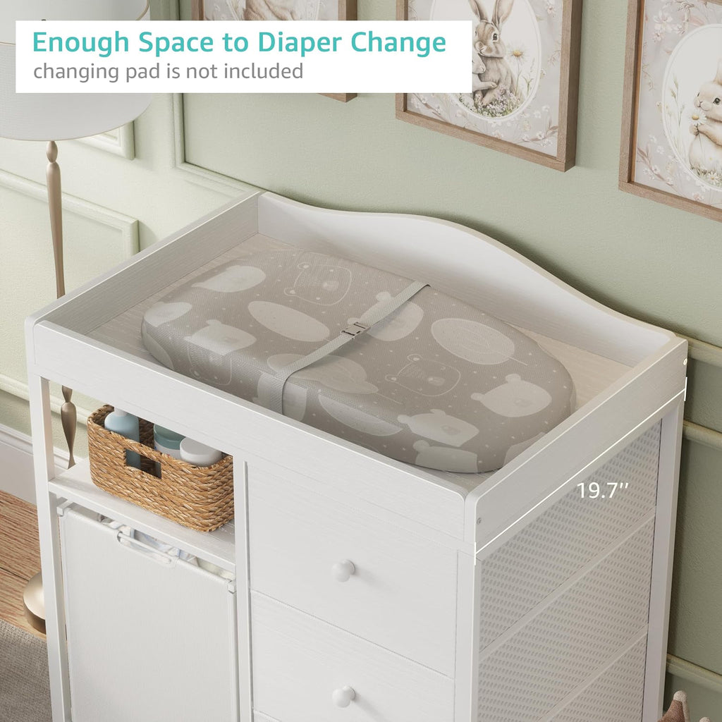 White Changing Table with 3 Fabric Drawers and Laundry Hamper, Baby Dresser with Changing Table Top, Nursery Diaper