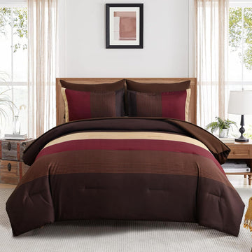 Red and Brown Comforter Set, Boho Burgundy Striped Bedding Comforter Set 7 Piece Bed in a Bag, Soft