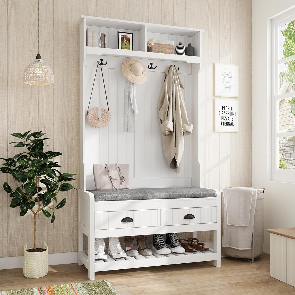 Hall Tree with Bench and Shoe Storage, Multi-Purpose Entryway Bench with Coat Rack, Padded Seat Cushion, 4 Double