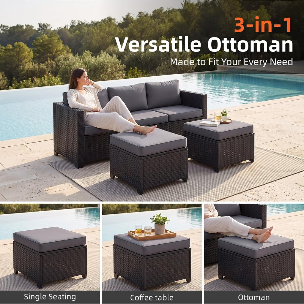 7-Piece Outdoor Patio Furniture Set, Grey | Rattan Outdoor Sectional with Thick Waterproof Cushions, Ottomans &