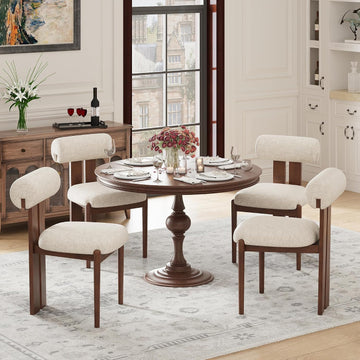 Modern Wooden Dining Chairs Set of 4, Upholstered Fabric Kitchen Chairs with Sculptural Backrest, Mid-Century
