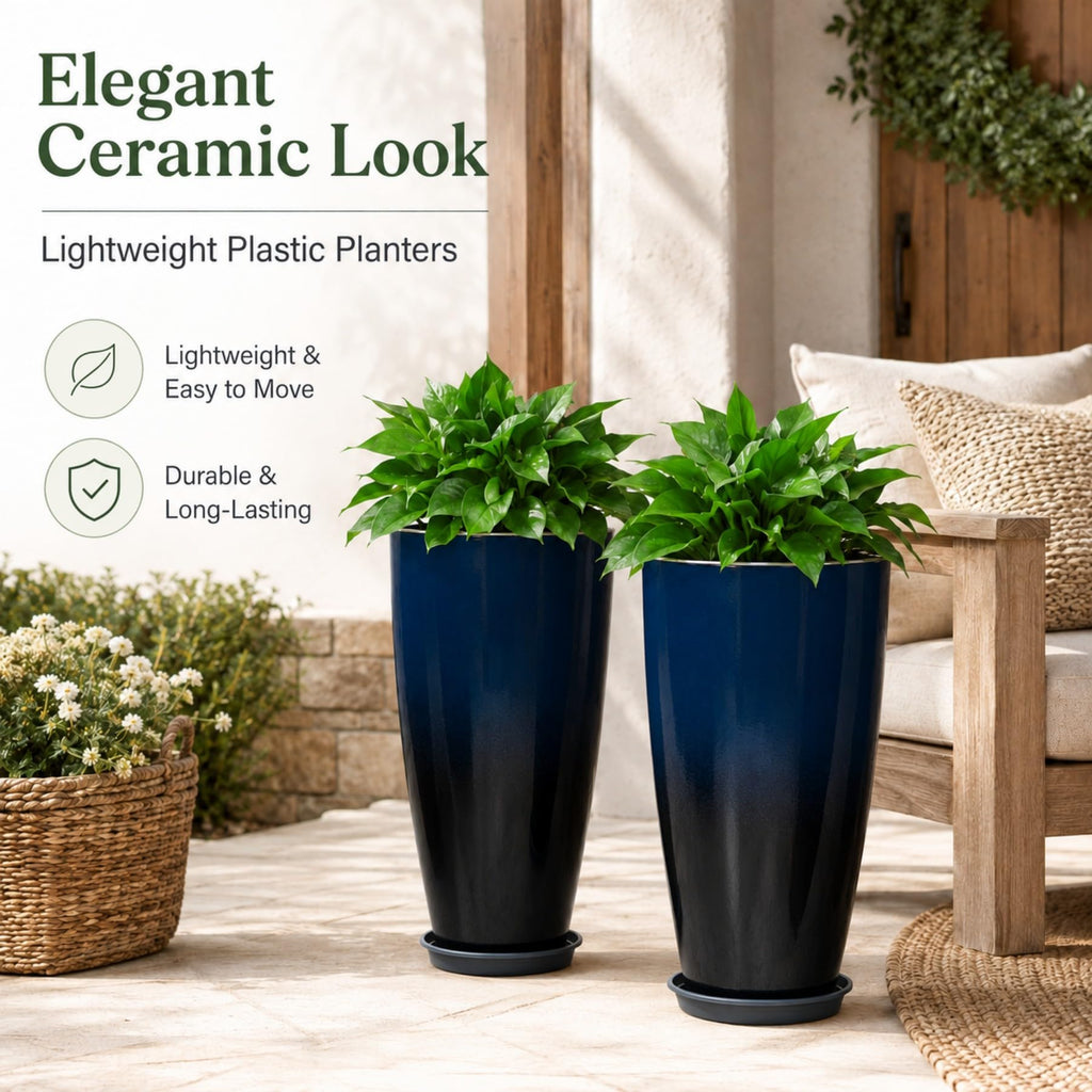 Set of 2 Tall Planter, 21 inch Large Plastic Planter, Dark Blue