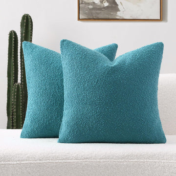 Pack of 2 Boucle Textured Throw Pillow Covers 20x20 Inch, Teal Blue
