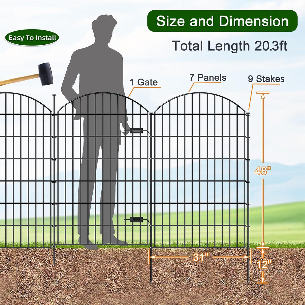 Metal Garden Fence with Gate 48in (H) x 20.3ft (L), 1 Gate+ 7 Panels Dog Fences Border Fence Animal Barrier, No Dig