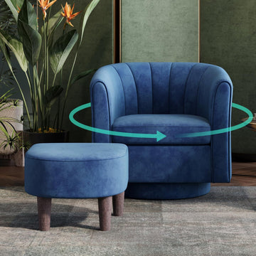 Swivel Accent Chair with Ottoman: Small Velvet Barrel Chair 360 Swivel Modern Armchair, Upholstered Reading Chair