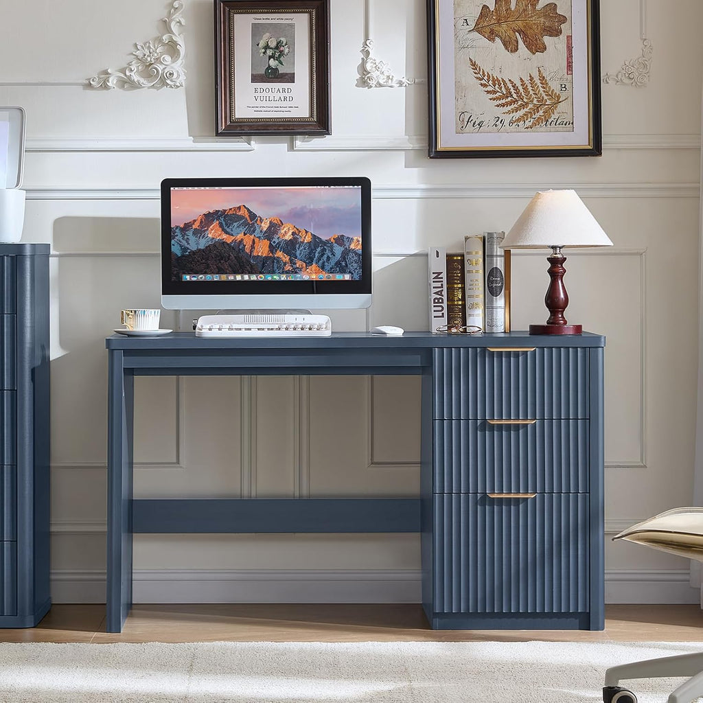Office Desk 48" with 3 Drawers Storage File Cabinet Wood Fluted Desk for Computer Office Bedroom Home Furniture Blue