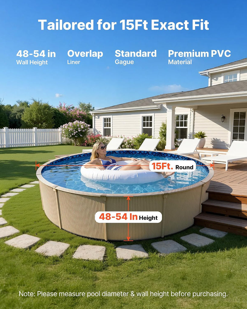 15-ft Round Above Ground Pool Liner, Overlap Pool Liners, Standard Gauge Vinyl, 48-to-54inch Wall Height, Designed
