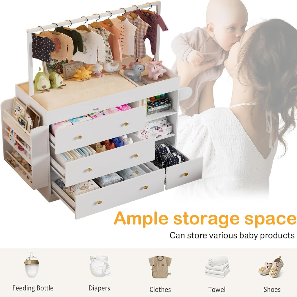 Modern Changing Table Dresser,Baby Dressing Table with 4 Drawers and Storage Shelves,Multi-Functional Baby Changing
