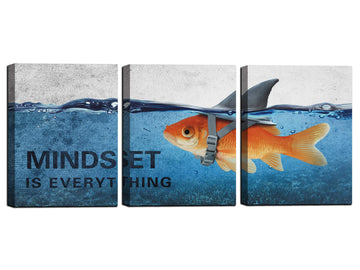 3 Panels Modern Framed Inspirational Canvas Wall Art Goldfish Body Strong Shark Heart Mindset is Everything
