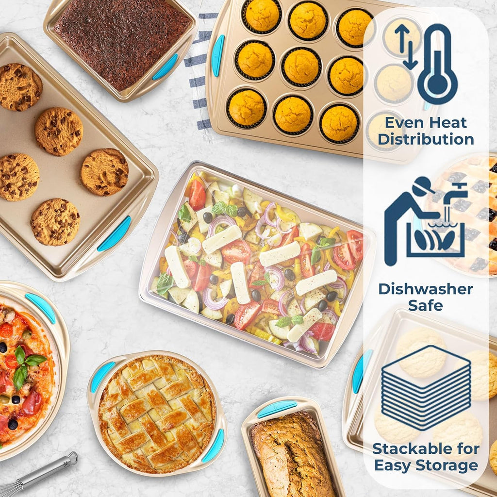 Kit: Nonstick Gold Steel Oven Set - 10 Pieces, Cookie Sheets, Cake Pans, 9x13Pan with Lid, Loaf & Deep Pans, Pizza