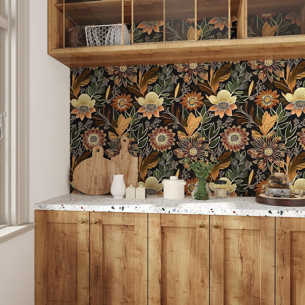 Boho Dark Black Gold Floral Wallpaper Peel and Stick 17.5"x393" | Self Adhesive/Removable/Waterproof/Thick Vinyl