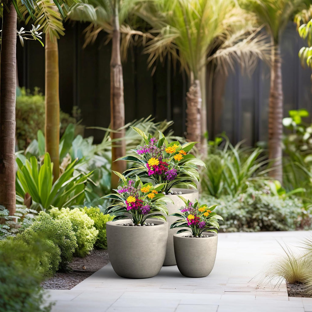 Set of 3 Weathered Concrete Bowl Planters 18" 14" 18" Dia | Drainage for Outdoor, Rubber Plug for Indoor Home