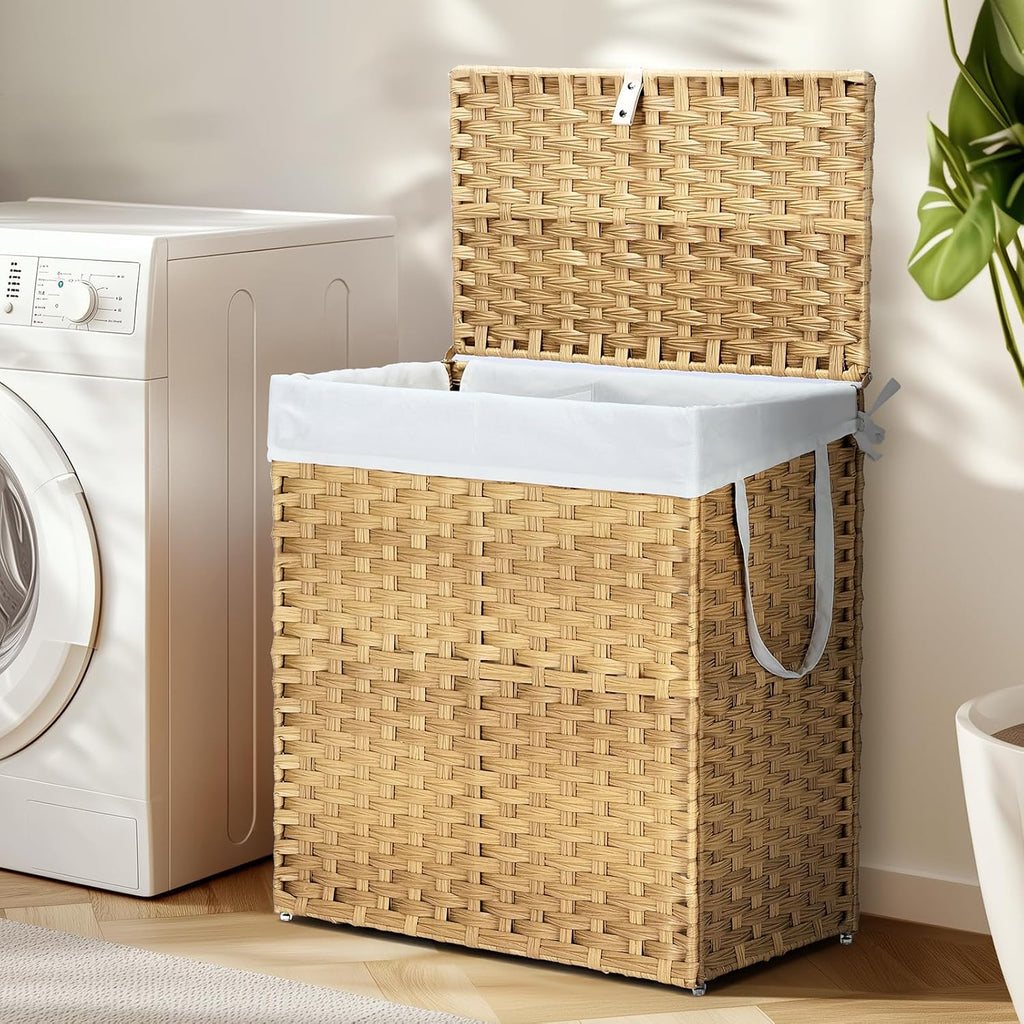 Wicker Laundry Basket with Lid, 110L Woven Laundry Hamper with Handles, Foldable Rattan Clothes Hamper with Removable