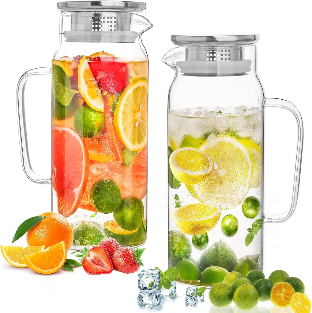 Set of 2 Glass Pitcher with Lid,2 Quart (64 oz / 1.9 Liter) Leak Proof,Glass Water Jugs, BPA-Free,Microwave &