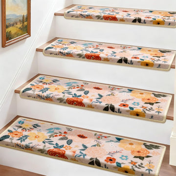 Bullnose Stair Treads for Wooden Steps, Non Slip Stair Carpet 14pcs | Washable, Self-Adhesive, Floral Stair Rug