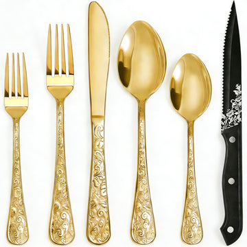 24-Piece Stainless Steel Gold Silverware Set for 4, Vintage Floral Carved Flatware Set with Steak Knives, Cutlery Set
