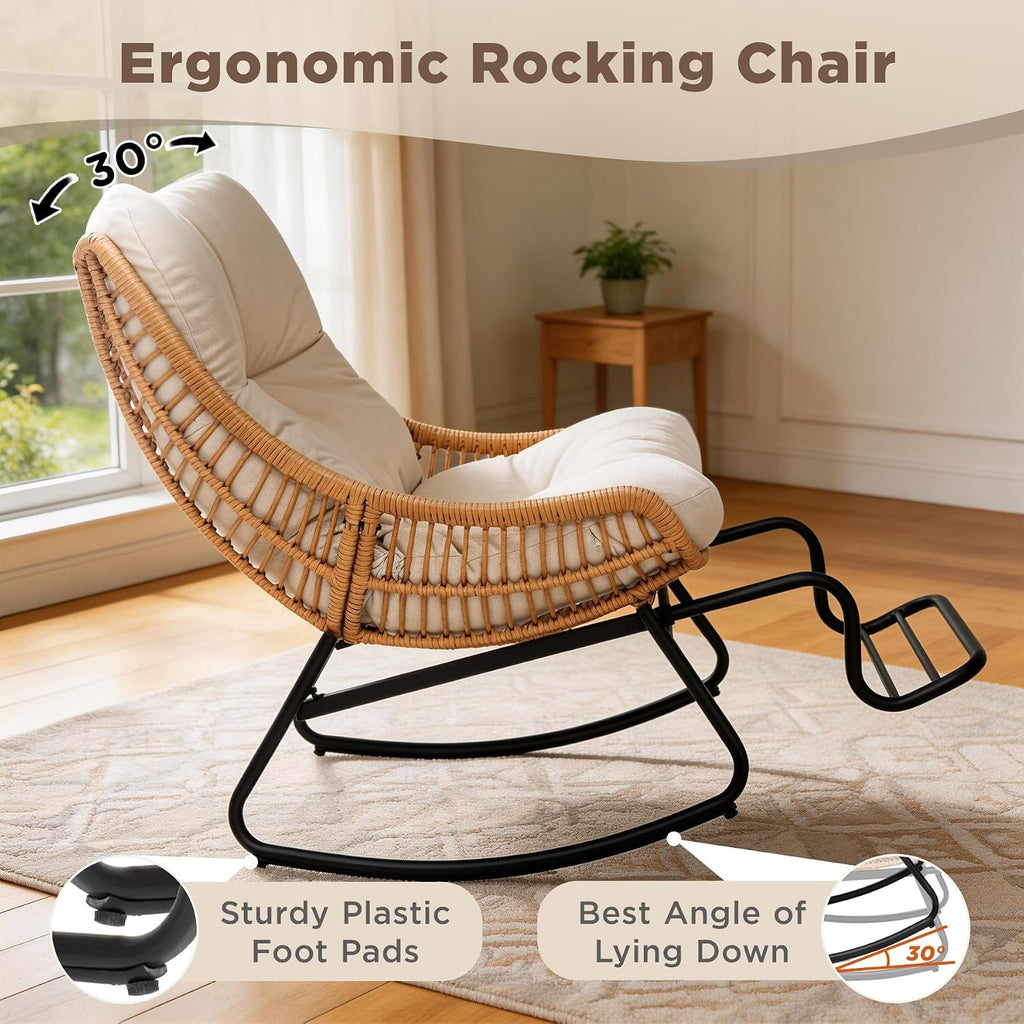Outdoor Rocking Papasan Chair with Adjustable Footrest, Patio Egg Rocking Chair with Thick Cushion, Steel Frame