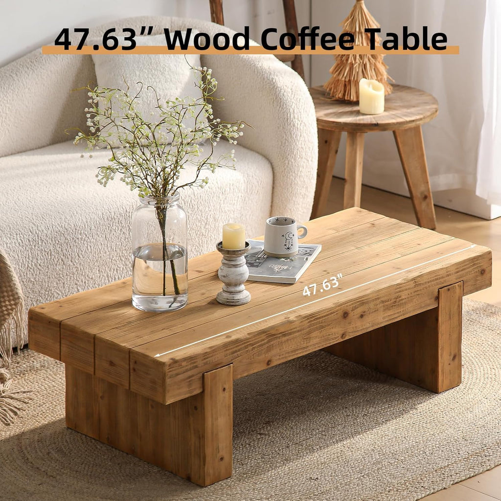 47.6" Coffee Table, Mid-Century Modern Solid Wood Coffee Table with Sturdy Base