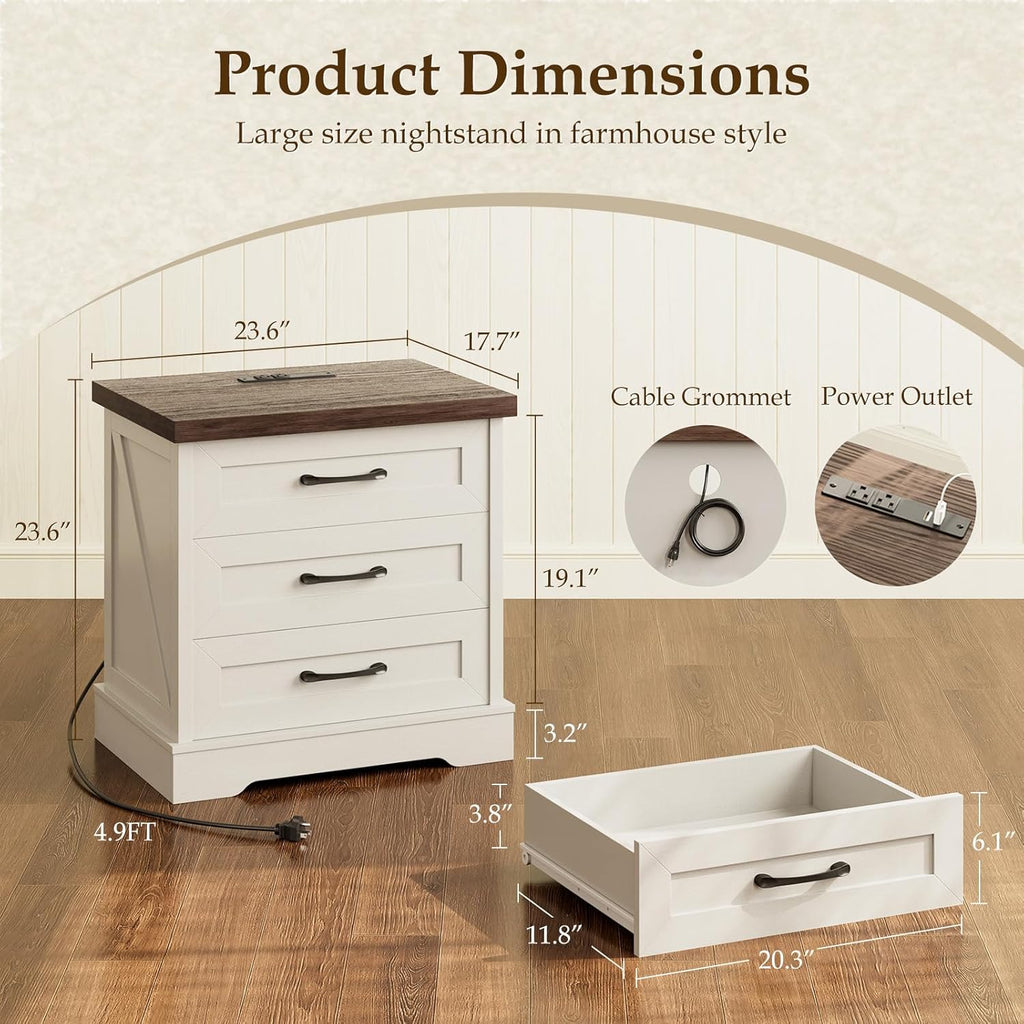 Farmhouse Nightstand with Charging Station, 24 Inch Bedside Tabe with 3 Drawers, Rustic End Table with USB and Outlet