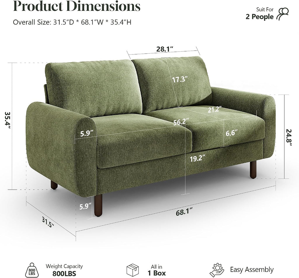 68" Loveseat Sofa, Comfy Chenille Fabric Couches with Spring Cushion and Solid Wood Frame, Modern Deep Seat Couch