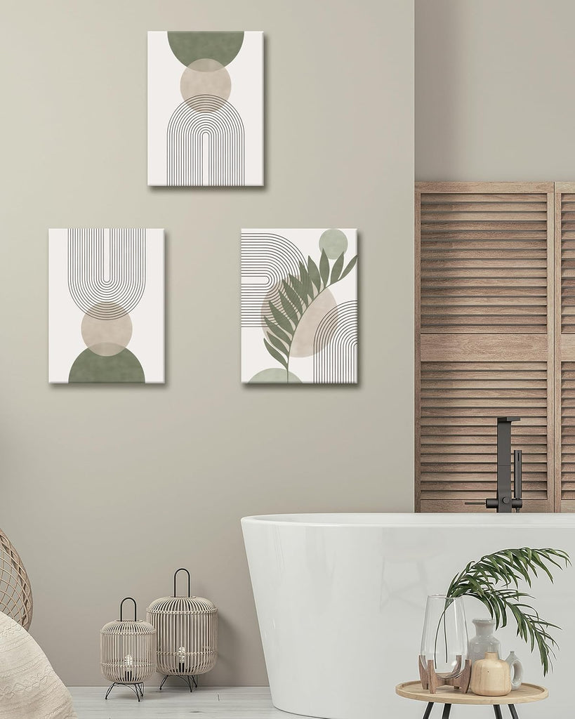 CM Sage Green Boho Wall Art, Botanical Geometric Framed Canvas Bathroom Wall Art, Mid-Century Modern Wood Frame
