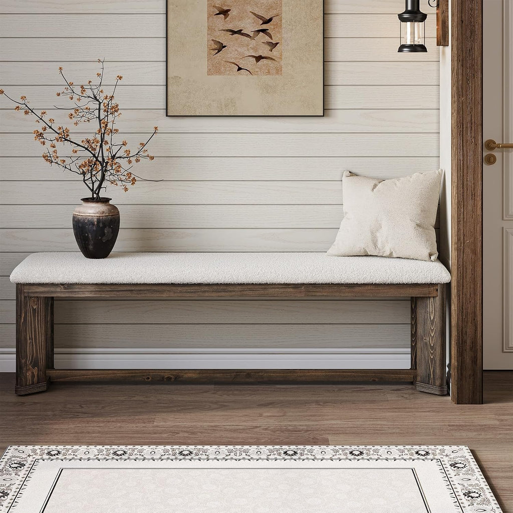 63" Upholstered Bench, Solid Wood Entryway Shoe Bench with Cushion, Long Modern Farmhouse End of Bed Bench with