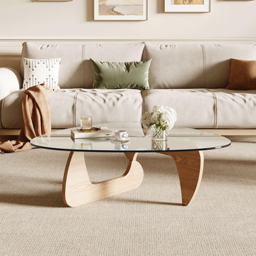 Modern Coffee Table and Small Spaces, 43.3" x 29.5" x 15.8" Triangle Tempered Glass Table Top and Eco-Friendly Solid