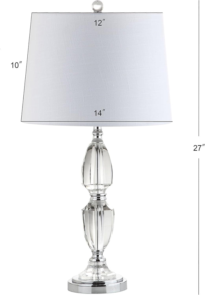 27" Clear Crystal LED Table Lamp, Traditional French Country Chrome Nightstand Lamp with White Linen Drum Shade