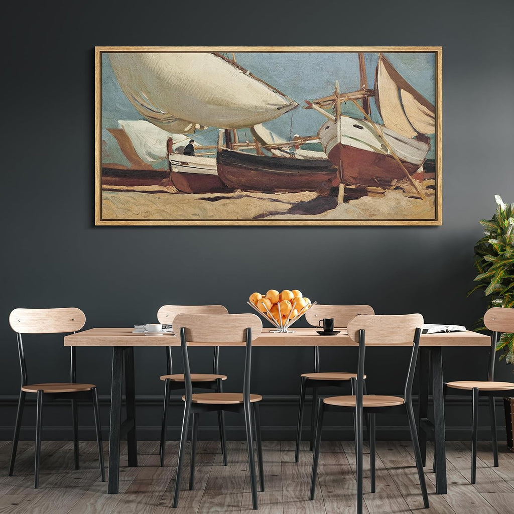 Extra Large Framed Canvas Print Wall Art Vintage Nautical Scene with Sailing Boats Antique Retro Fine Art