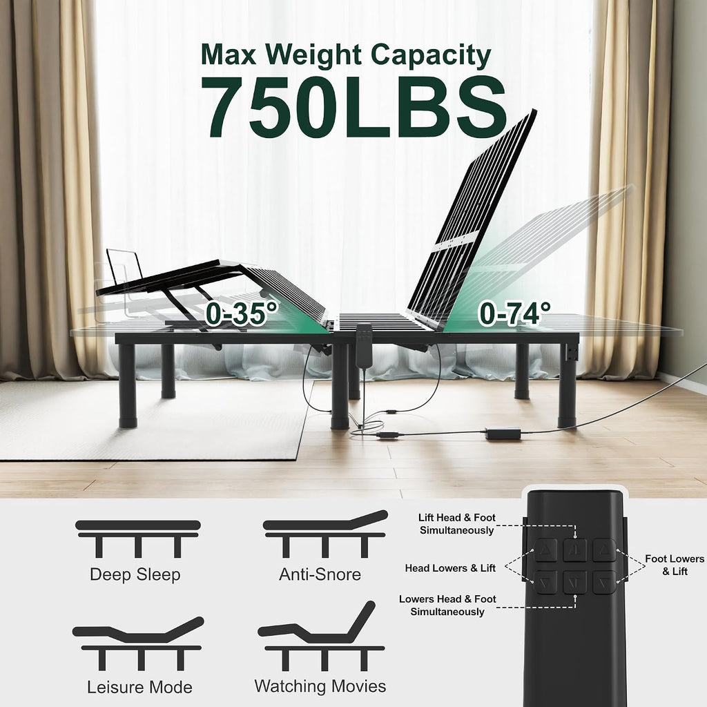 Queen Adjustable Bed Frame, Wired Remote Control, Independent Head and Foot Incline, Electric Bed Frame Base