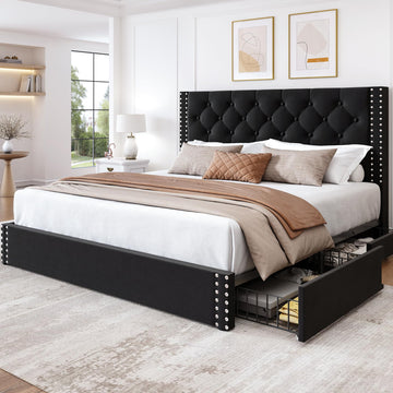 Queen Size Platform Bed Frame with 4 Storage Drawers and Tufted Headboard Upholstered Bed Frame with Heavy Duty Wood