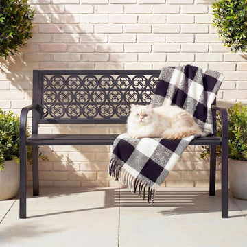 44" Outdoor Garden Bench, Iron Metal Frame Patio Bench with Backrest and Armrests, Weatherproof Anti-Rust Outdoor