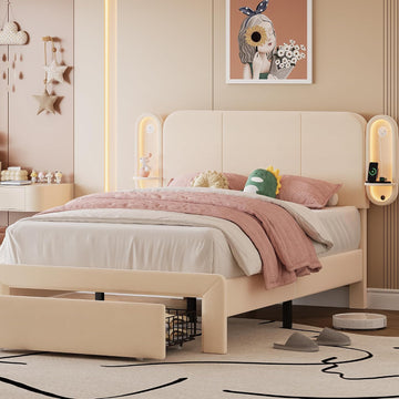 Twin Bed Frame with Storage Drawers and Side-Shelf Upholstered Headboard, Velvet Bed Frame with LED Lights, USB Port