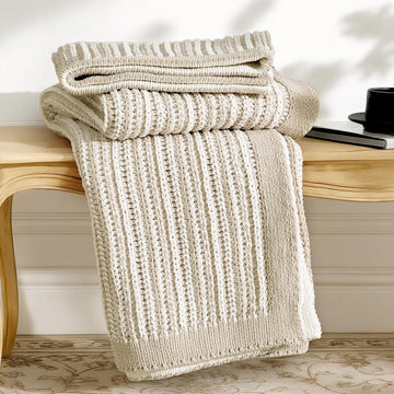 Striped Knit Throw Blanket, Dual-Sided Soft Chenille Decorative Blankets, 50"x60", Khaki & White