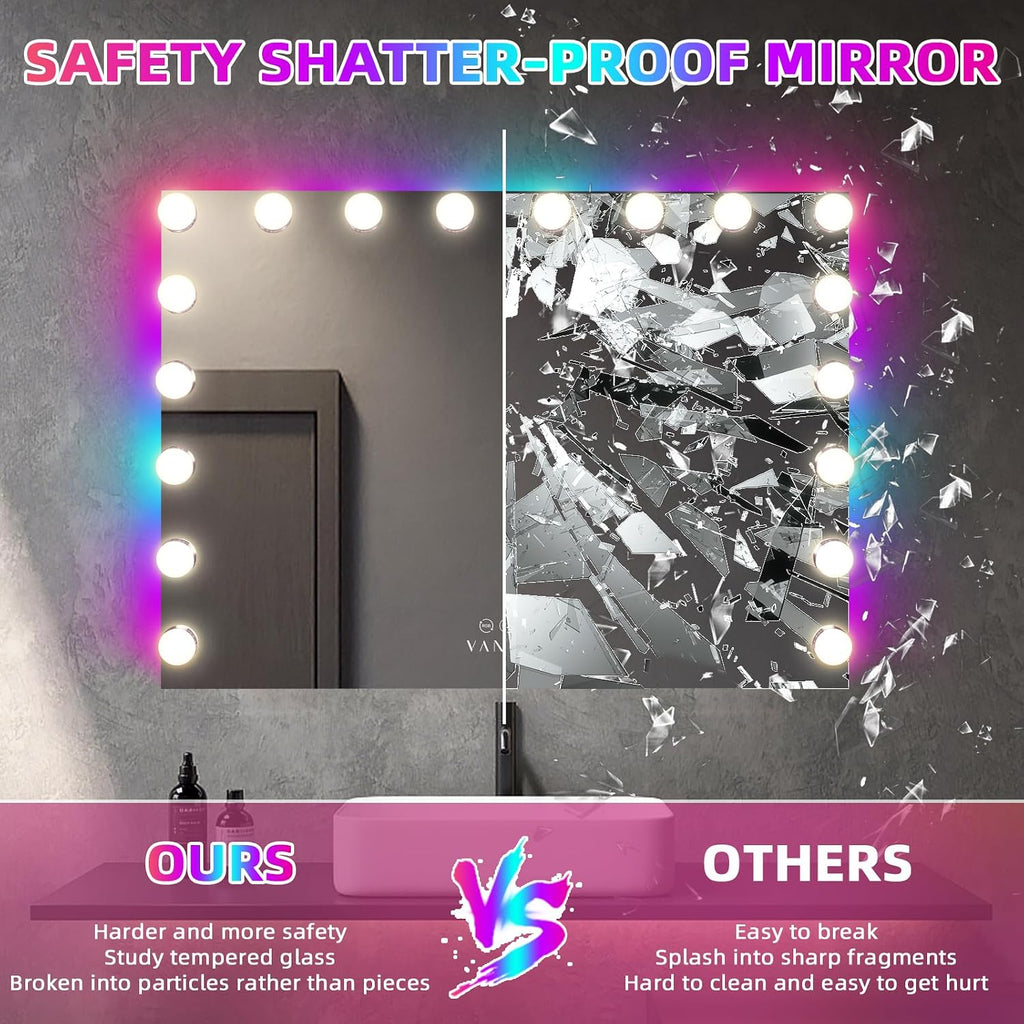 32" x 23" Hollywood Vanity Mirror with RGB Backlight and 18 Dimmable LED Bulbs, Color-Changing Lighted Makeup Mirror