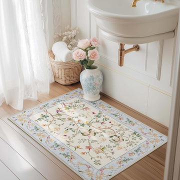 Washable Entryway Area Rug, Soft Floral Non-Slip, Beige/Blue