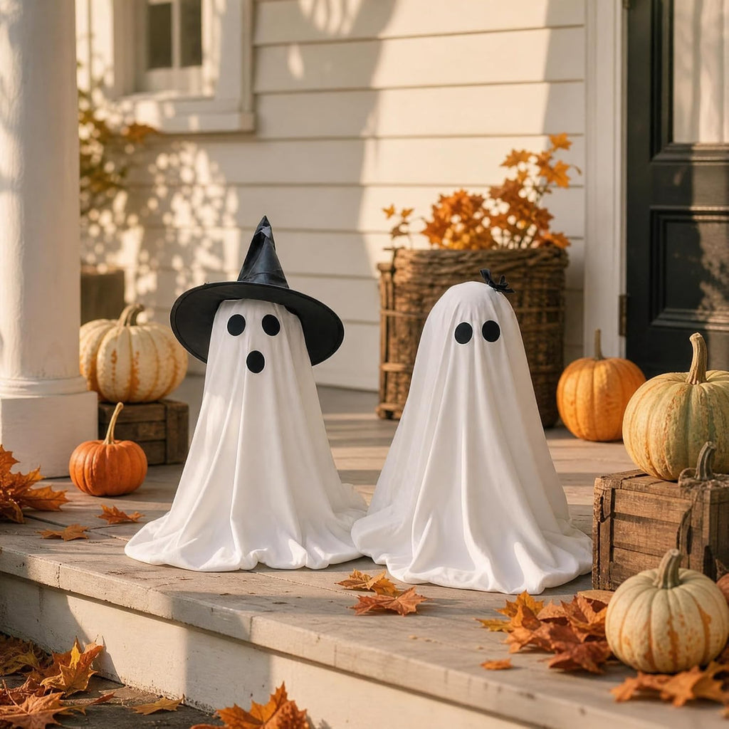 Halloween Decorations Light-Up Ghosts with Witch Hats, Indoor Ghost Decor - Set of 2