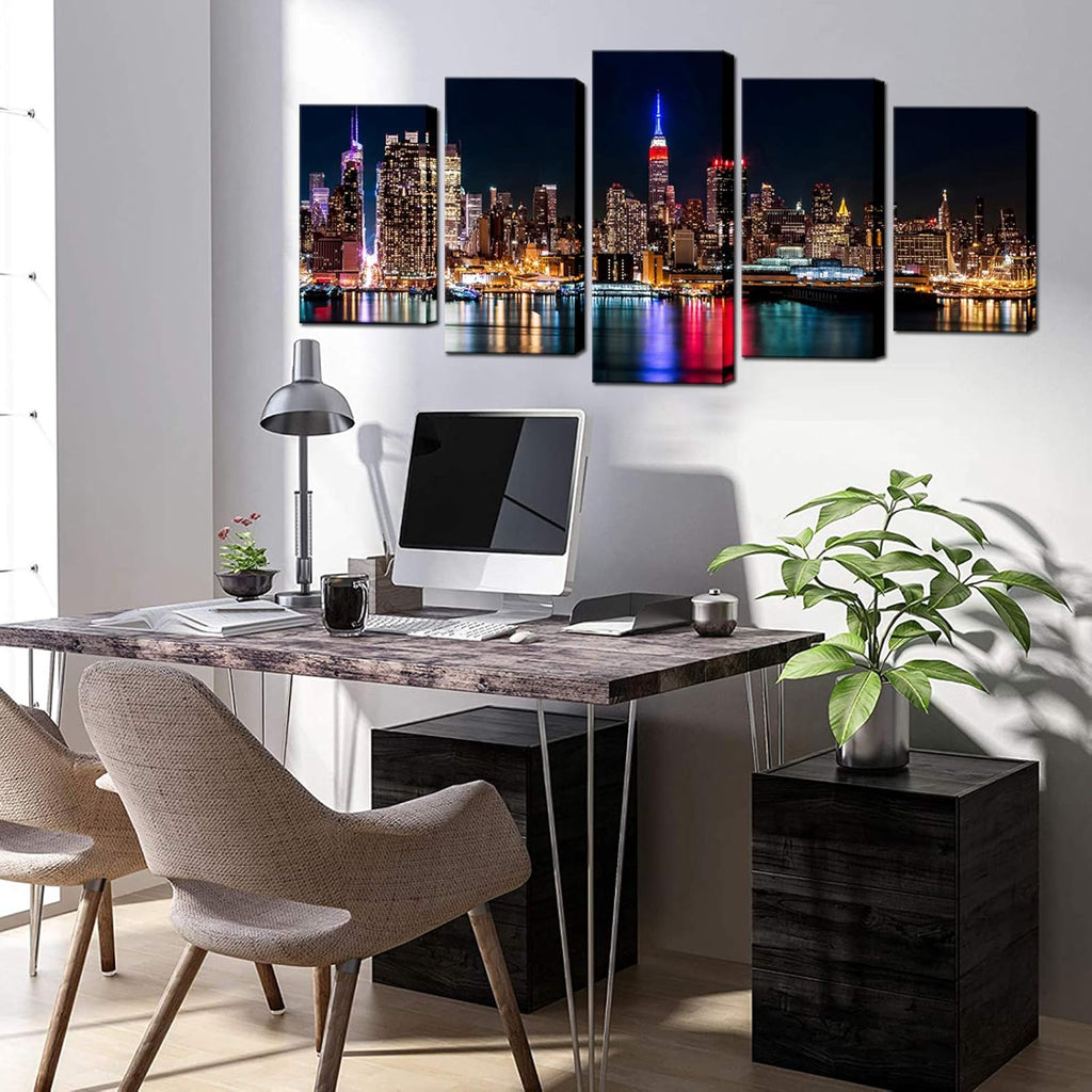 New York City Canvas Wall Art Manhattan Skyline at Night Picture Prints Modern Home Office Wall Decoration Stretched