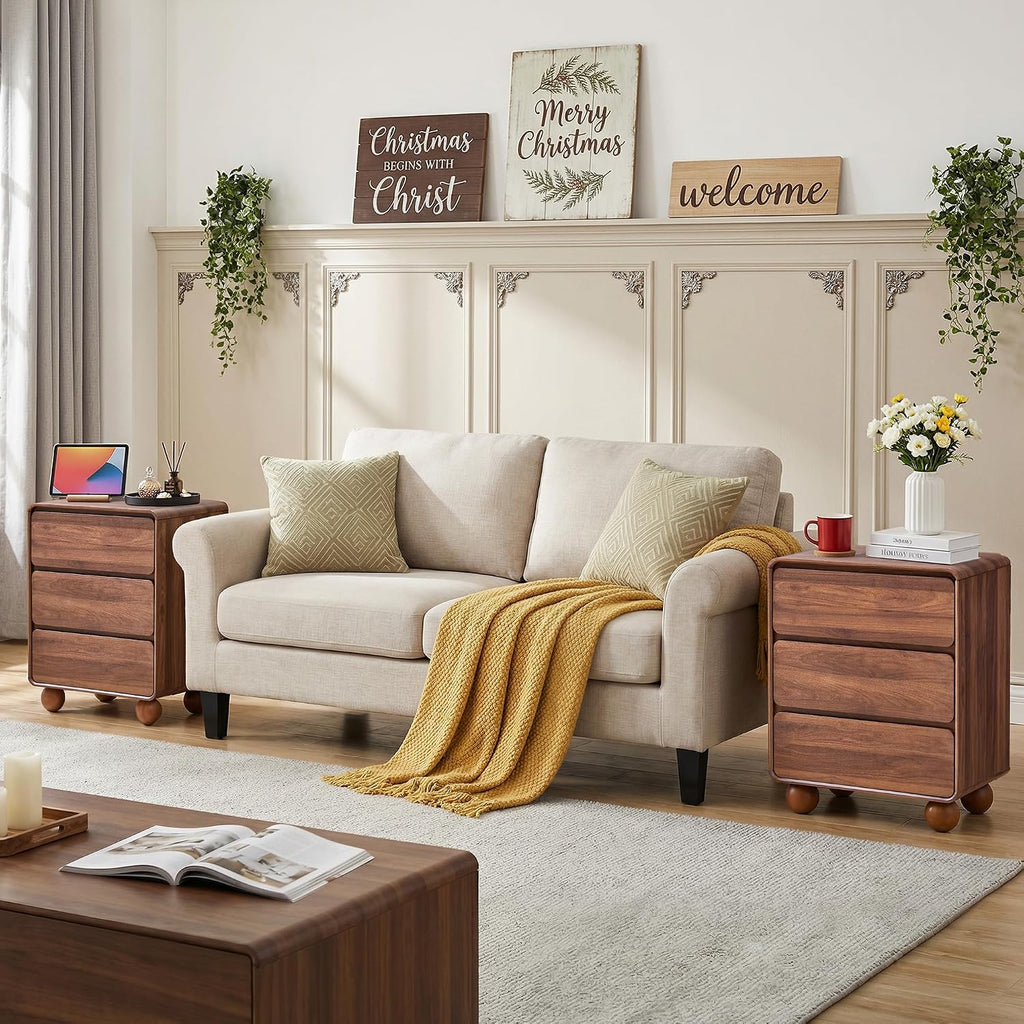 Wooden Night Stand wth 3 Drawer Dresser Mid Century Modern End Table Chest of Drawers, Solid Wood Legs & Curved
