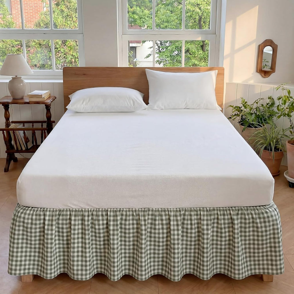 Sage Green Gingham Bed Skirt Queen Size 16" Drop Vintage Plaid Bed Skirt Farmhouse Cottage Pleated Frame Cover Cotton