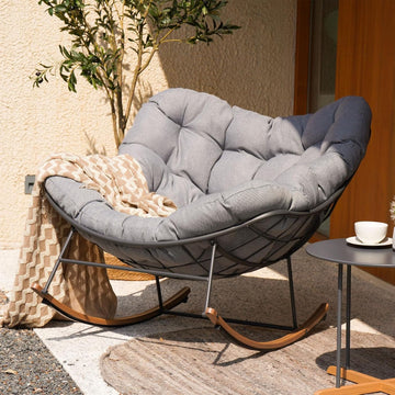 Outdoor Papasan Rocking Chair with Thick Cushion, Grey | Oversized Modern Cozy Lounge Rocker Chair Steel Frame with