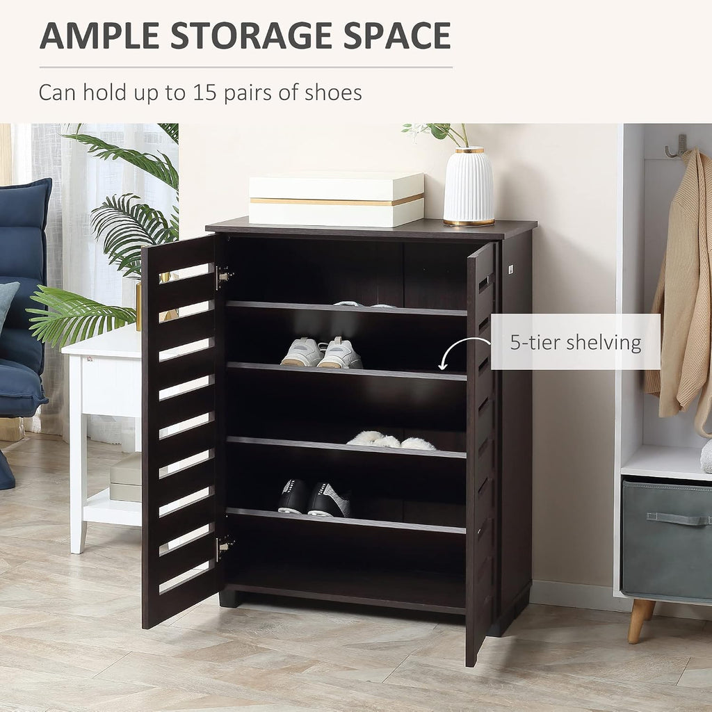 Slim Shoe Cabinet 2 Slatted Doors, 5-Tier Shelving Cupboard for 15 Pairs of Shoes, Narrow Entryway Storage Unit, Dark